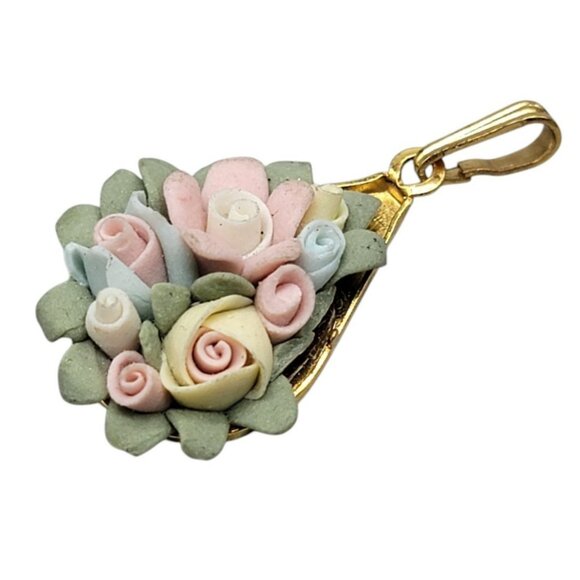 Porcelain Rose Pendant Multicolor China Flower & Leaf Bouquet Gold Tone Setting - Picture 1 of 7